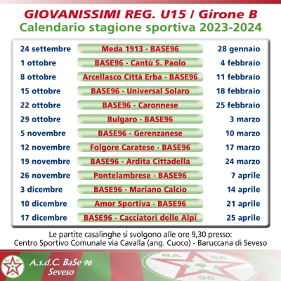 UNDER 15 REGIONALI / stagione sportiva 2023/24 • Calendario con tutte le date delle gare