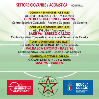 SETTORE GIOVANILE: AGONISTICA • Il programma delle partite di questo week end