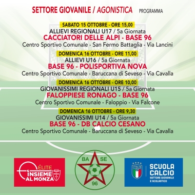 SETTORE GIOVANILE: AGONISTICA • Il programma delle partite di questo week end