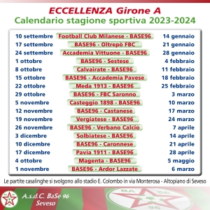 ECCELLENZA stagione sportiva 2023/24 • Calendario con tutte le date delle gare